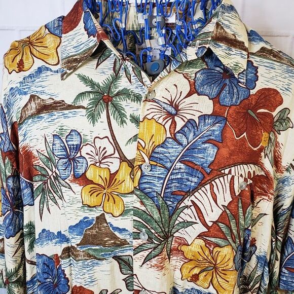 Mens Pierre Cardin Blue Hawaiian Shirt M medium Rayon Island Vacation Button - Picture 1 of 8